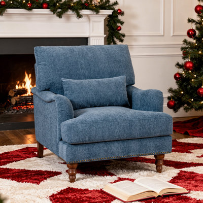 Upholstered Navy Nailhead Trim Accent Chair with Throw Pillow and Solid Wood Legs