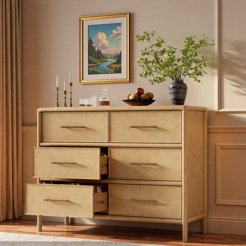 Commode avec 6 tiroirs et poignées dorées, Naturel
