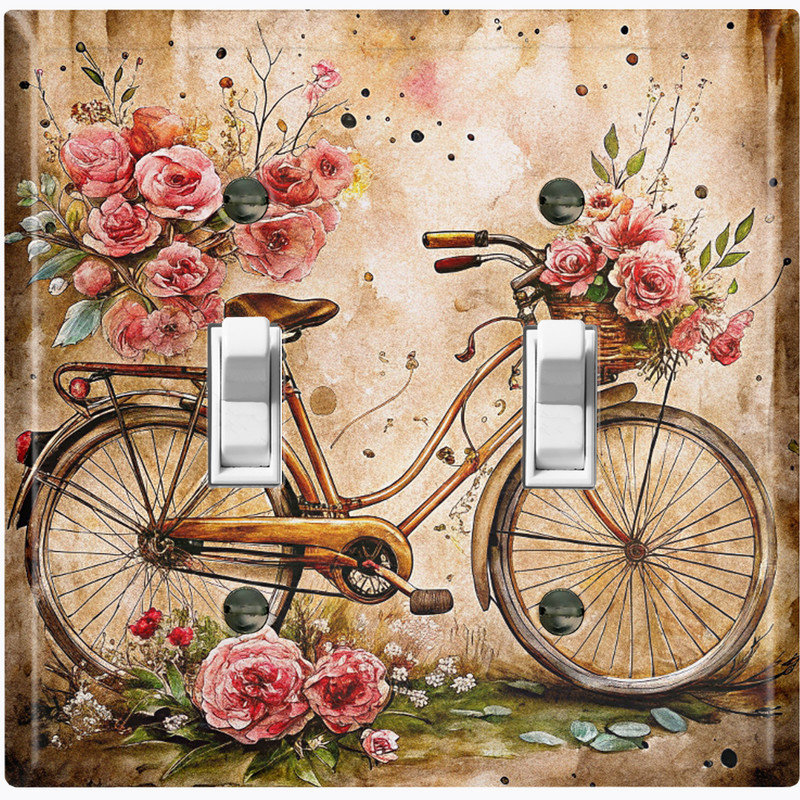 Couvercle de plaque d'interrupteur en métal; Bascule à deux bandes US standard - Art floral rétro à bicyclette, Double # 2