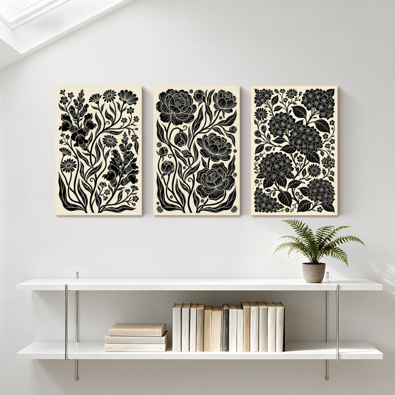 Plantes et fleurs, ensemble de 3 impressions sur toile à motif floral noir et blanc, H 18 po x l 36 po