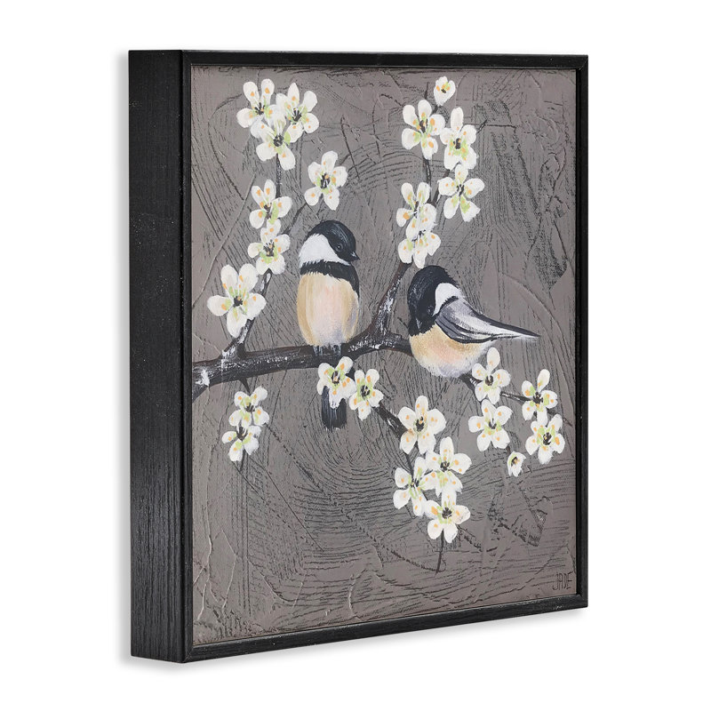 Paire d'oiseaux sur une branche, estampe numérique par Jade Reynolds, Giclée encadrée noir minuit, H 24 po x l 24 po