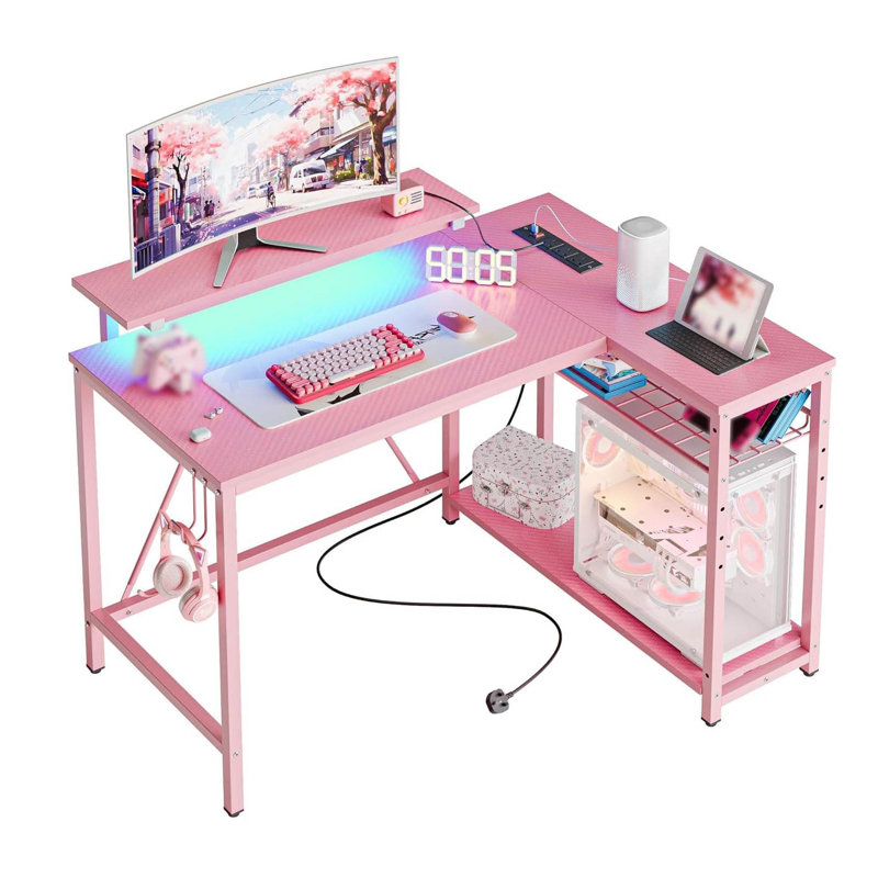 L-Shaped Metal Base Computer Desk, Pink