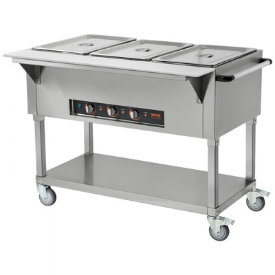 Chauffe-plat commercial à 3 plateaux, table à vapeur électrique 3 x 20,6 pte, chauffe-plat professionnel de 1500 W avec 4 roulettes (2 verrouillables), desserte en acier inoxydable de qualité alimentaire pour restaurant de fête