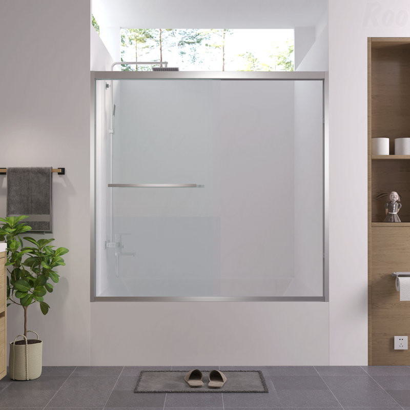 56-60"W X 58"H Aluminum Frame Material Double Sliding Opening Bathtub Shower Screen, Bypass Sliding Opening Bathroom Sliding Opening Door With Premium 1/4" (6Mm) Clear Tempered Glass