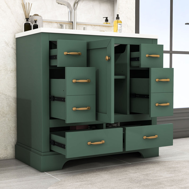 Meuble-lavabo simple 36 po avec plateau Myliyah, Vert, Doré