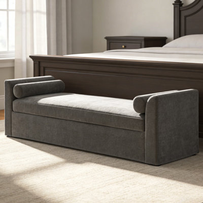 Très grand banc de canapé avec accoudoirs, bancs de chambre en chenille gris pour le pied de lit avec 2 coussins, banc rembourré très long pour la fenêtre, l'entrée, le salon
