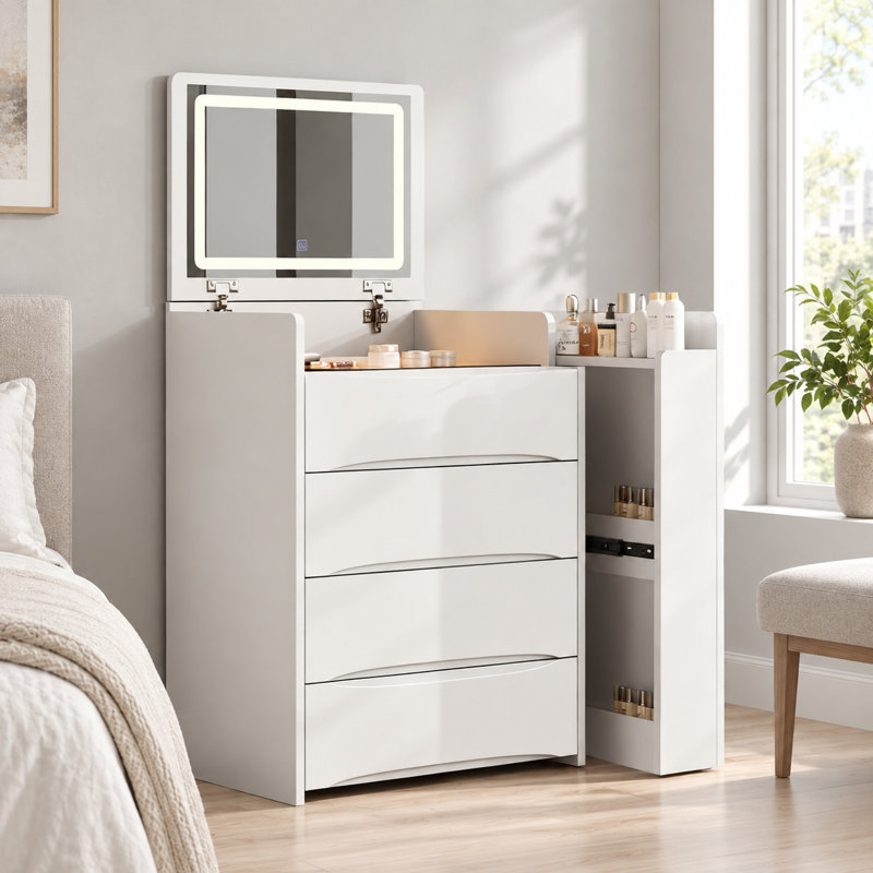 Coiffeuse 3 en 1 avec plateau rabattable, éclairage DEL, rangement et tabouret pour chambre à coucher, White