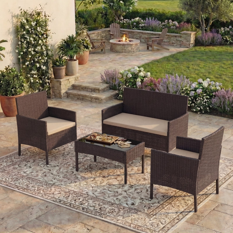 Alarik Rattan 4 - Person Seating Group with Cushions, UKFR Certified, Brown