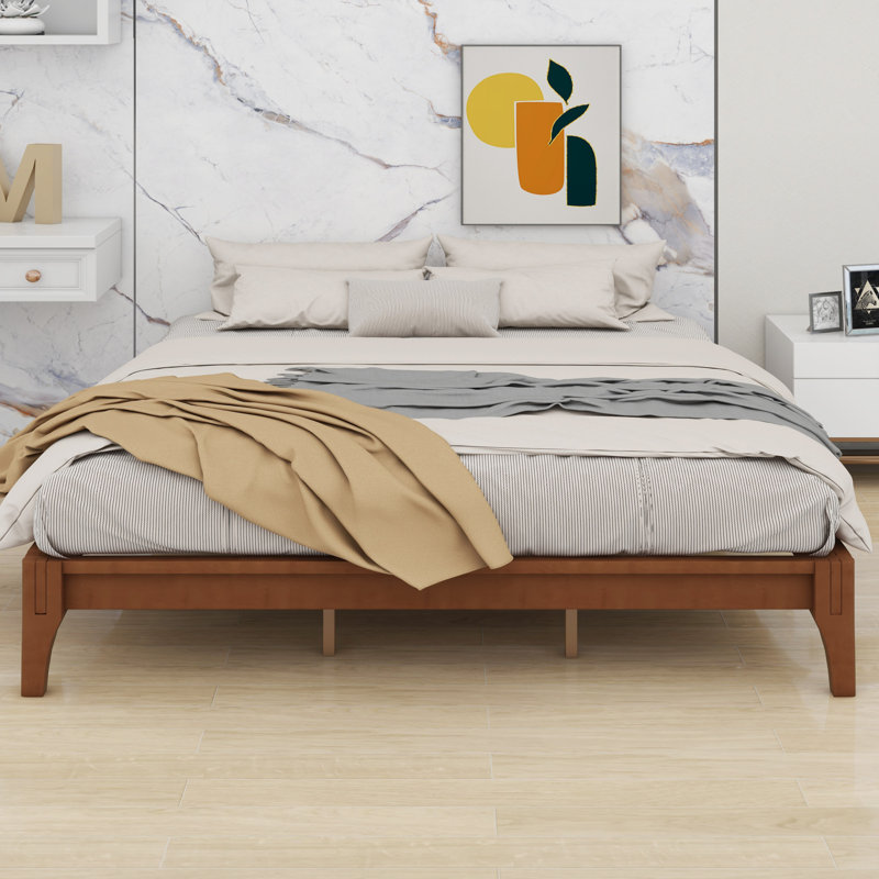 Structure de lit plateforme en bois robuste avec support en lattes de bois, sans sommier, assemblage rapide et facile, Brun