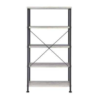 Bibliothèque à 4 tablettes avec cadre en métal noir et tablettes en bois flotté gris