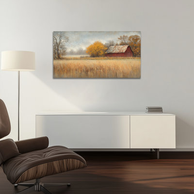 Grand paysage d'automne, art mural - grange rouge, peinture murale d'automne, impressions sur toile de style campagnard rétro pour salon, peinture encadrée, 30 po x 60 po