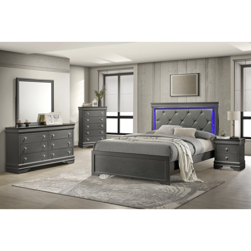 Grand lit avec tête de lit à DEL, style moderne, revêtement gris métallique, structure en bois, bois massif et rembourrage, similicuir, style chambre à coucher, revêtement gris, allure