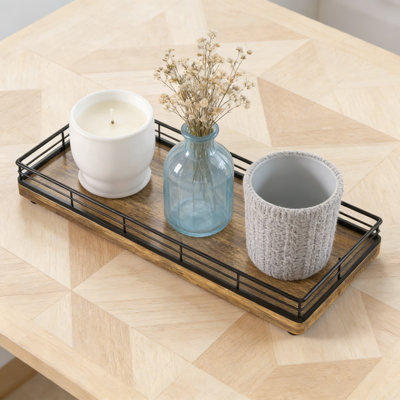 Plateau de meuble-lavabo en bois avec rebords en filet de fer, organisateur de comptoir de salle de bain pour commode, cuisine, café et décoration intérieure