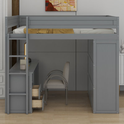 Lit mezzanine avec placards et bureau à 2 tiroirs avec armoire