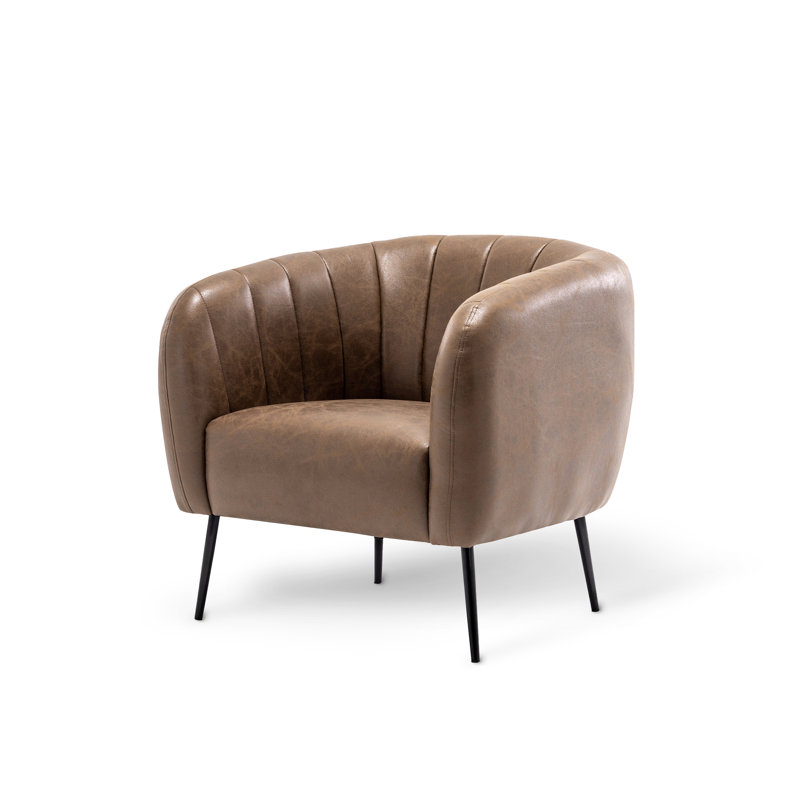 Samouri Modern Channel Tufted Barrel Accent Chair, Distressed Brown Faux Leather