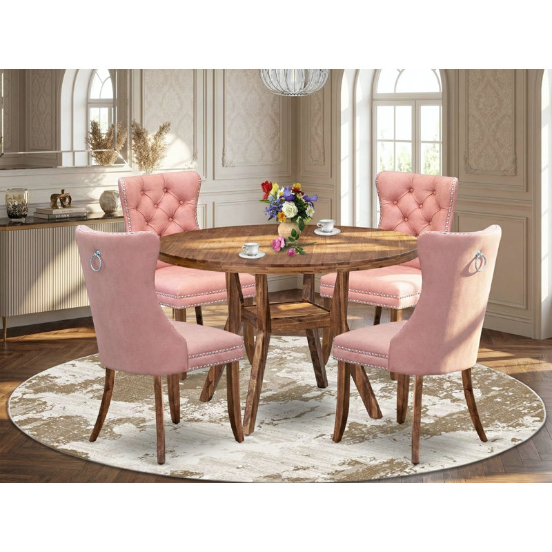 Ensemble de table de salle à manger 5 pièces contenant une table en bois et 4 chaises rembourrées en tissu de polyester rouge beige avec dossier capitonné, noyer antique
