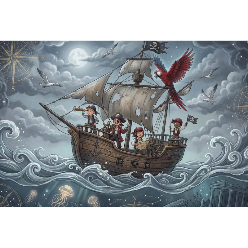 Papier peint bateau pirate avec lune et lune, Non tissé, 160 po x 108 po