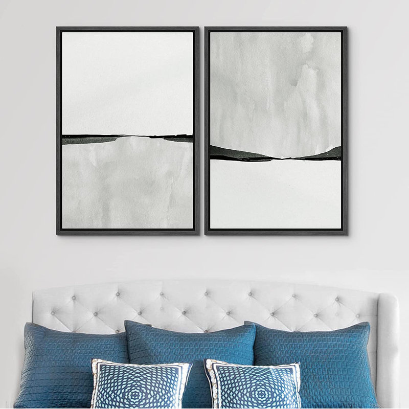 Abstract Landscape Neutral Minimalist Artwork Wall Art Framed On Canvas 2 Pieces Painting Print, 24" H x 32" W, Black