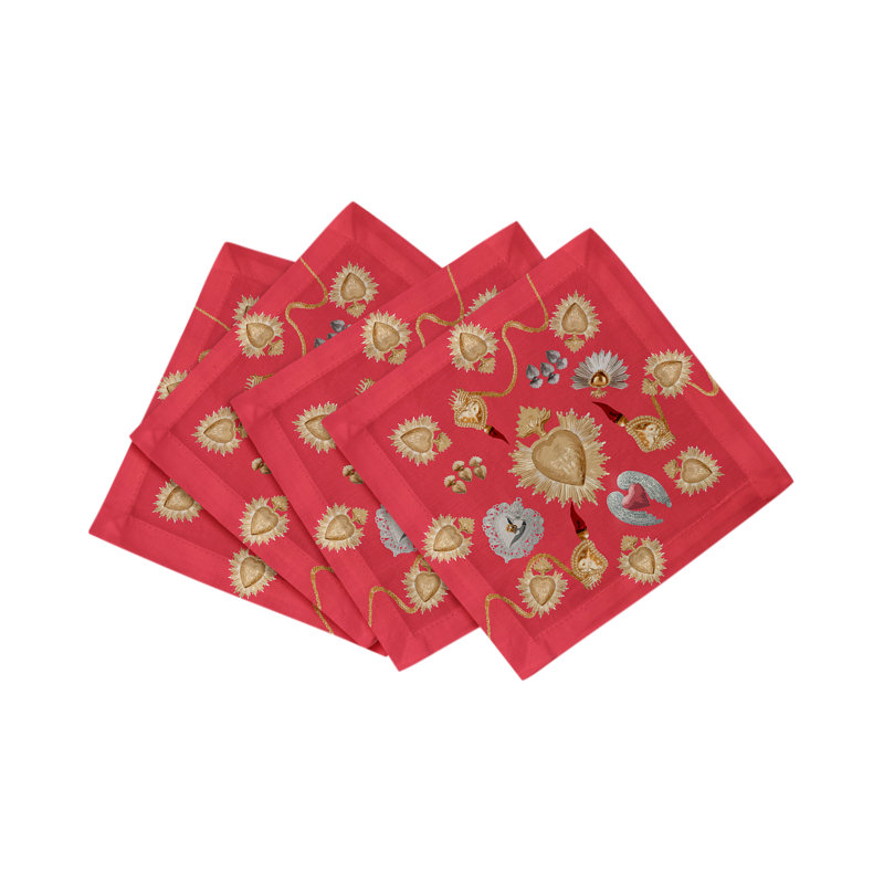 Serviettes de cocktail en satin de coton ex voté Sacred Hearts, Cramoisi