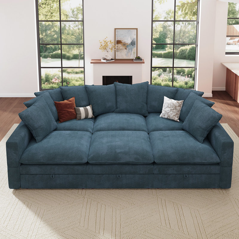 Modular Storage Sleeper Cloud Sofa Upholstered Corduroy Sectional Couch, Blue Corduroy 