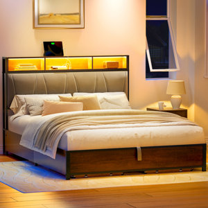 Antioch Lift Up Storage Bed Frame with LED Light & Outlet, Upholstered Bed with Storage Headboard