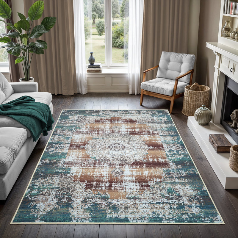 GLN Rugs Vintage Collection - Machine Washable Area Rug, Vintage Washable Rug, Non Slip Area Rug, Low Pile Living Room Rug, Bedroom Rug, Bathroom Rug - Easy Clean (Blue and Tan Rug)
