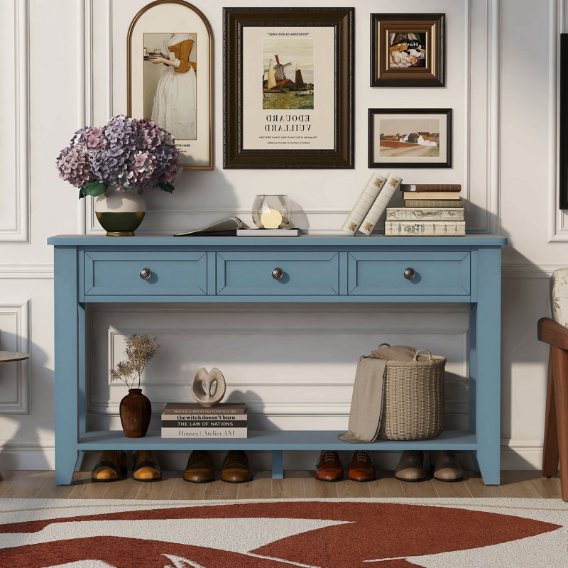 Console de 55,4 po avec trois tiroirs de rangement et un buffet étroit, Bleu