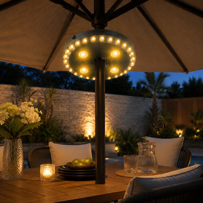 Warm White 28-LED Patio Umbrella Pole Light with 200-Lumen Output, 3 Cordless Lighting Modes and 4 x AA Battery Operation for Patio Umbrellas, Camping Tents and Outdoor Use