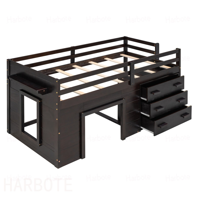 Lit mezzanine simple avec armoire et tablette, Espresso
