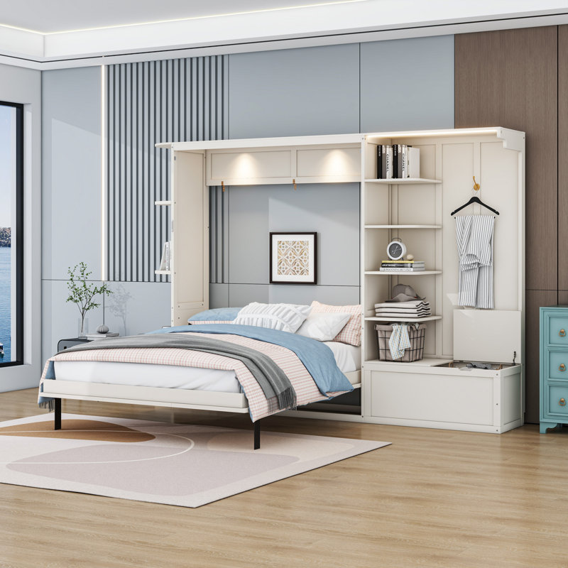 Grand lit escamotable en bois avec tablettes et lumières, Blanc
