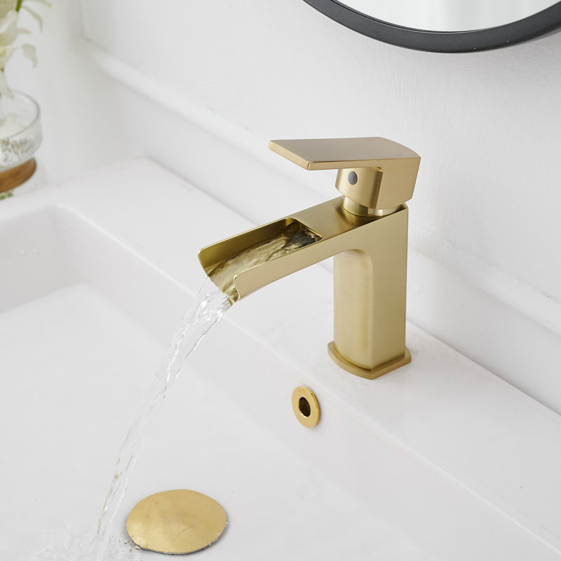 Waterfall Single Handle Single Hole Low-Arc Modern Bathroom Faucet, Brushed Gold