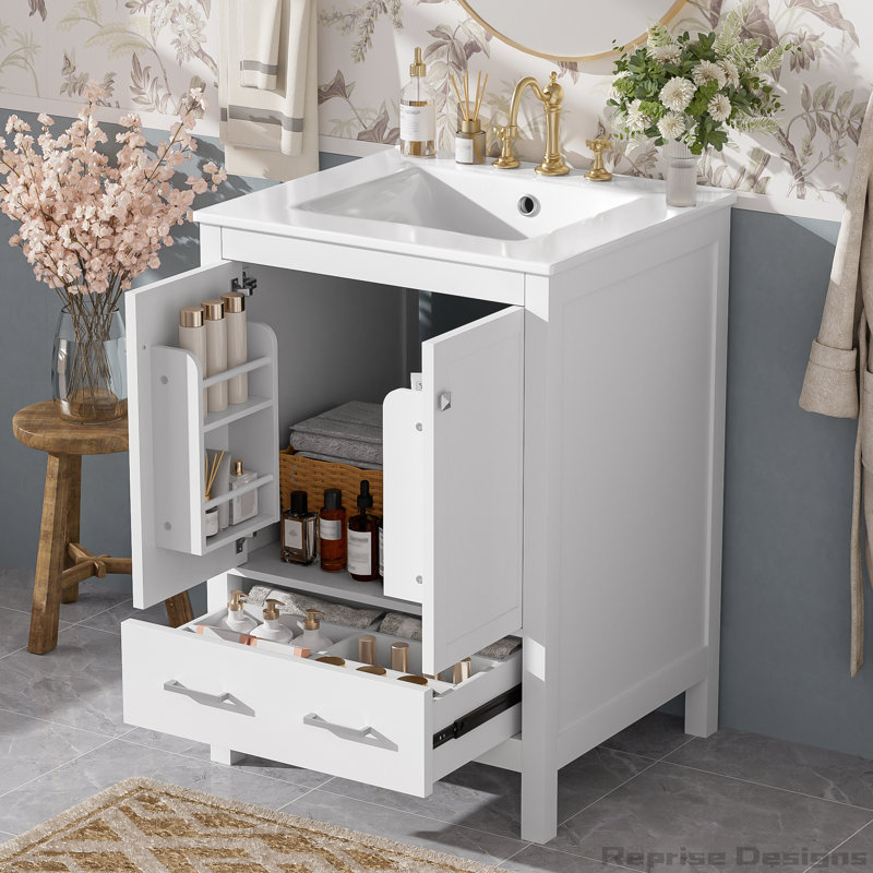 Meuble-lavabo de 24 po avec lavabo Comprend une tablette de porte à double couche, conception à fermeture en douceur, Blanc