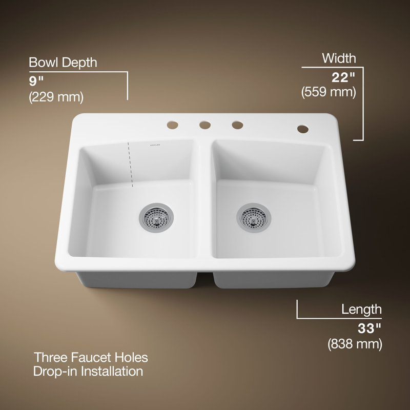 33" L x 22" W x 9-5/8" Top-Mount Double-Equal Kitchen Sink, White, 4 Hole