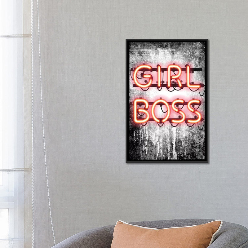 «Girl Boss Neon Sign», reproduction sur toile, H 60 po x l 40 po x P 1,5 po, Toile avec cadre noir, Pas de tapis