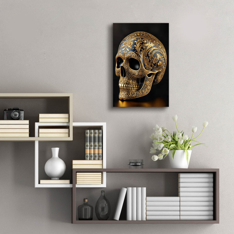 «Golden Skull» par Rey Klimt, art mural en verre acrylique, H 24 po x l 16 po x P 0,2 po