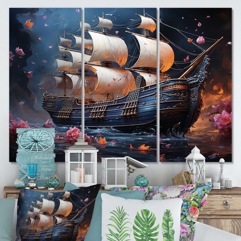 Pirate Ship Nightly Voyage III - Art mural pirate, Toile tendue, H 28 po x l 36 po