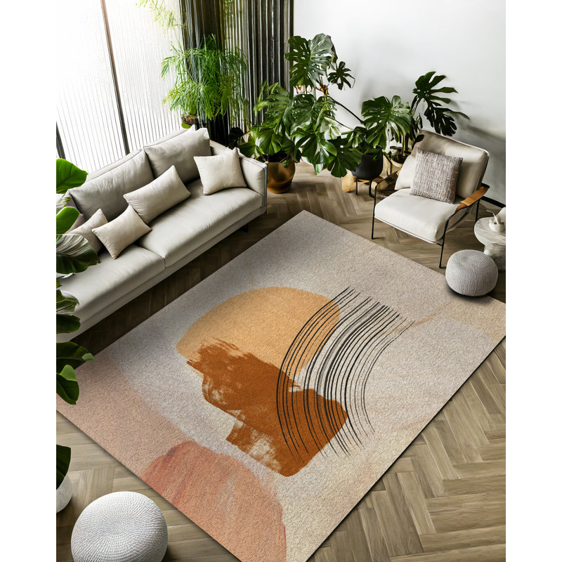 Tapis à motif numérique beige en coton et polyester à imprimé numérique Elara Collection, Rond 3 pi 4 po