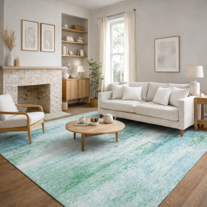 Tapis abstrait lavable à la machine de qualité supérieure Mayfield AMF2402, Menthe, 10 pi x 14 pi