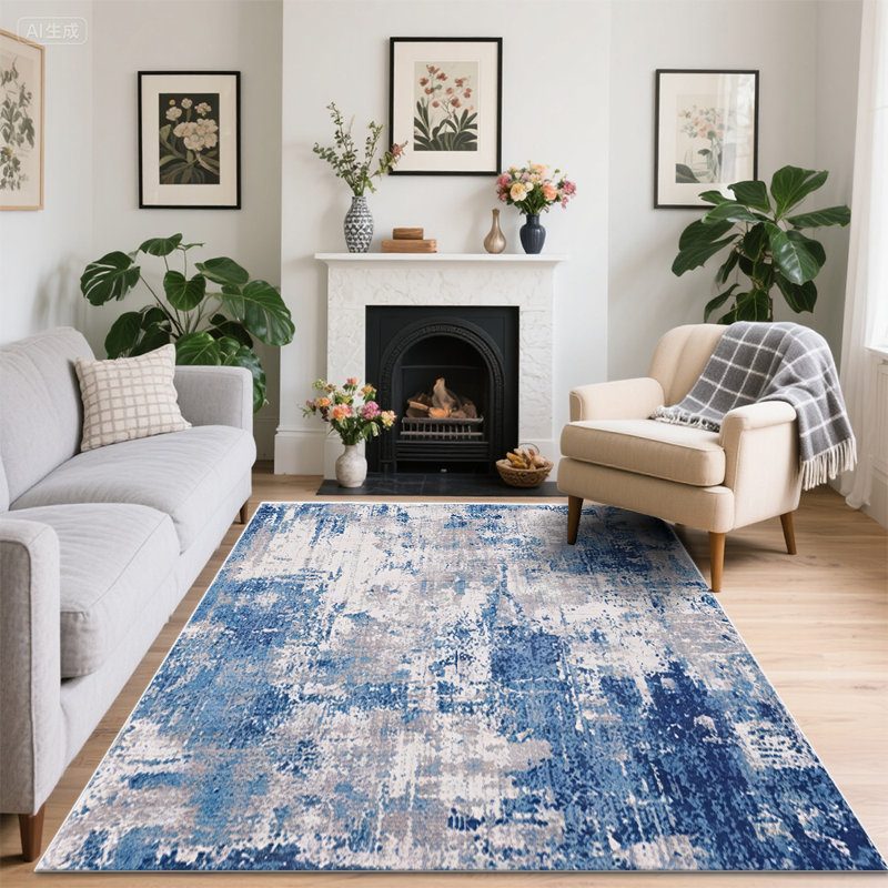 Machine-washable Area Rug Blue Abstract Art Non-slip Living Room Rug, Rectangle 8' x 10'