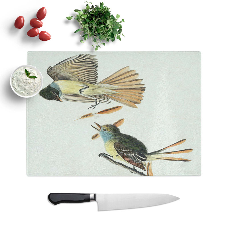 Glass Great Crested Flycatcher Birds by John James Audubon Chopping Board, 39 cm W x 28.5 cm L