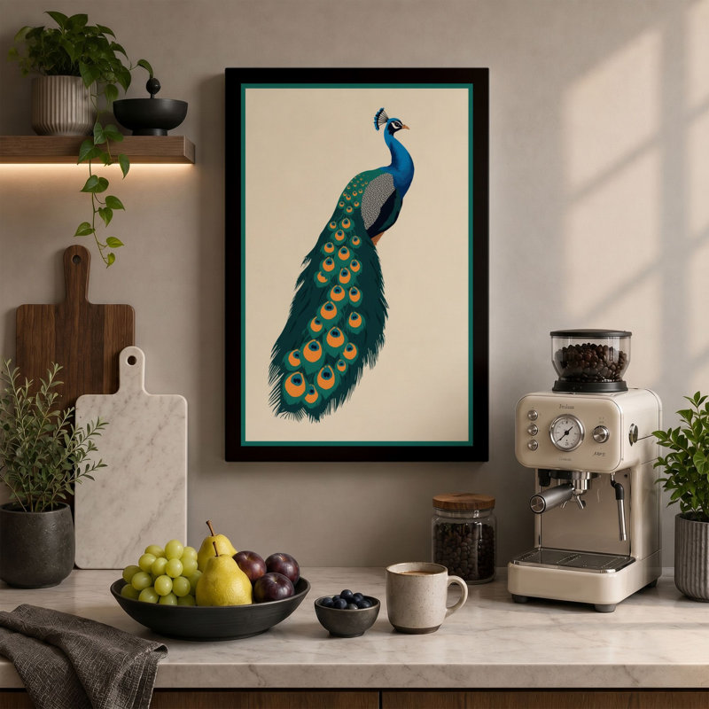 Peacock Profile Botanical 1 Piece Wrapped Canvas Wall Art, 24x16 - 61.0 x 40.6 cm, Teal Border