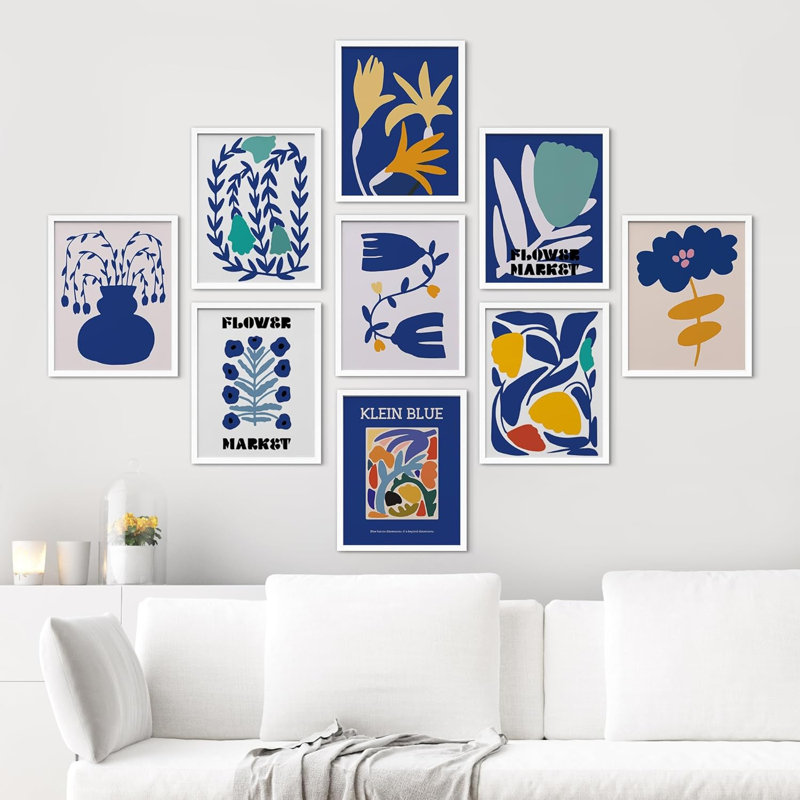 Motif de fleurs botaniques abstraites bleues Mid-Century bleu bohème 9 pièces, L 8 po x H 10 po, Cadre blanc