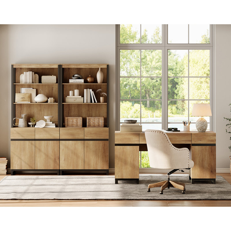 Home Office Furniture Set: 59" Modern Executive Desk With Charging Station & Storage Cabinet + 72" Tall Bookcases, Wood Computer Desk & Library Storage Shelf Cabinet For Work Study, Oak