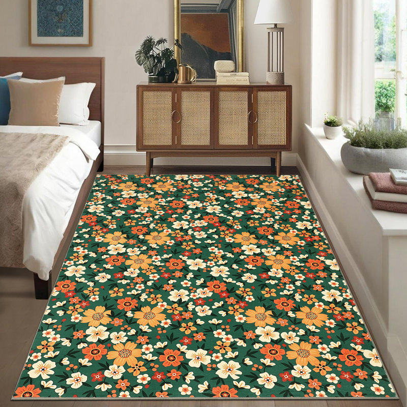 Modern Area Rug Washable Floral Print Floor Mat With Rubber Backing, Stain-Resistant Farmhouse Indoor Carpet, Soft Low Pile Accent Rugs for Bedroom