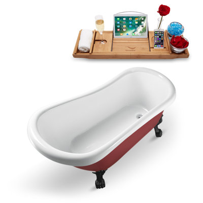 61" Streamline Clawfoot Soaking Acrylic Bathtub With Drain, Clawfeet, and Bamboo Tray