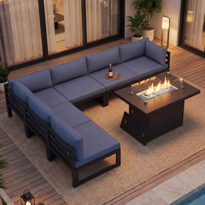 Ensemble de conversation modulaire d'extérieur en aluminium 7 pièces pour 6 personnes Tuyen avec table de foyer d'extérieur de 60 000 BTU et coussins en mousse haute résilience de 4 po