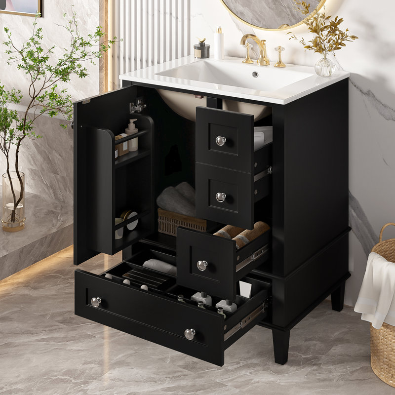 Meuble-lavabo simple avec lavabo en céramique intégré, Noir
