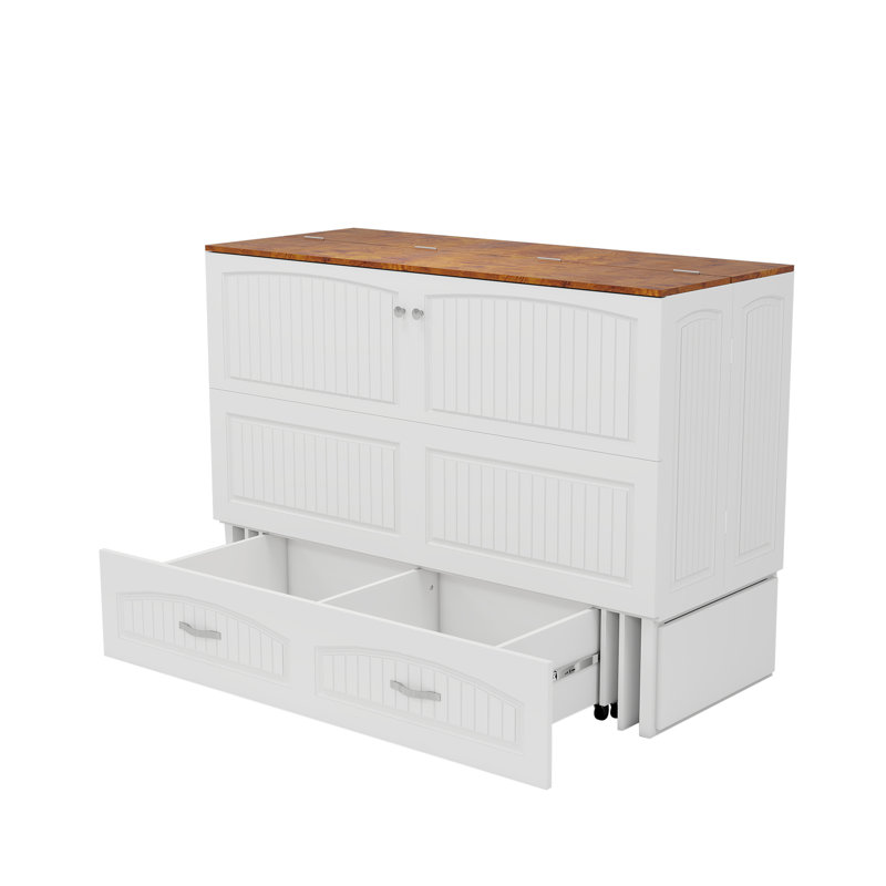 Queen Murphy Storage Bed W\ 2 Drawers, Murphy Cabinet Bed With Tri-Fold Memory Foam Mattress, White