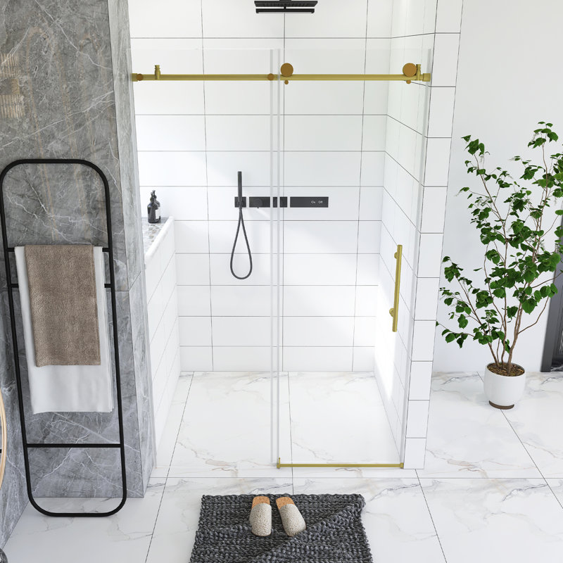 Frameless Shower Door 44-48 "W X 76" H, 1/4 "(6 Mm) Clear Tempered Glass, Explosion Proof Film, Stainless Steel Handle, Brushed Gold