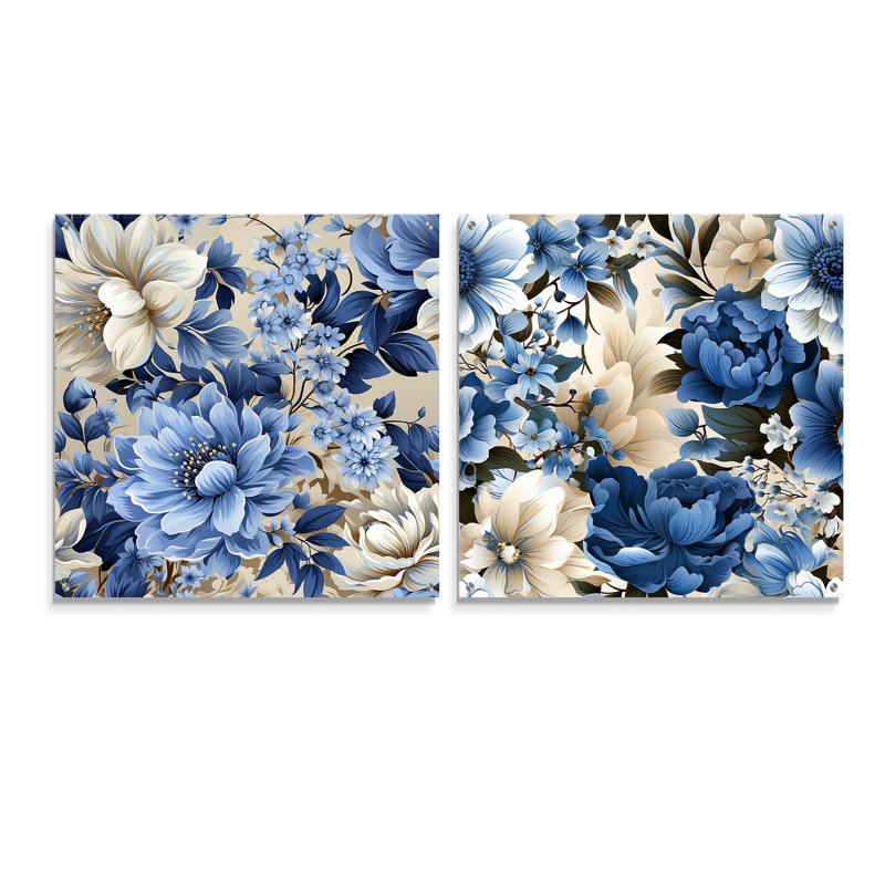 Blue Vintage Whispers Floral Motif I - ensemble d'art mural en verre acrylique, H 36 po x l 73 po